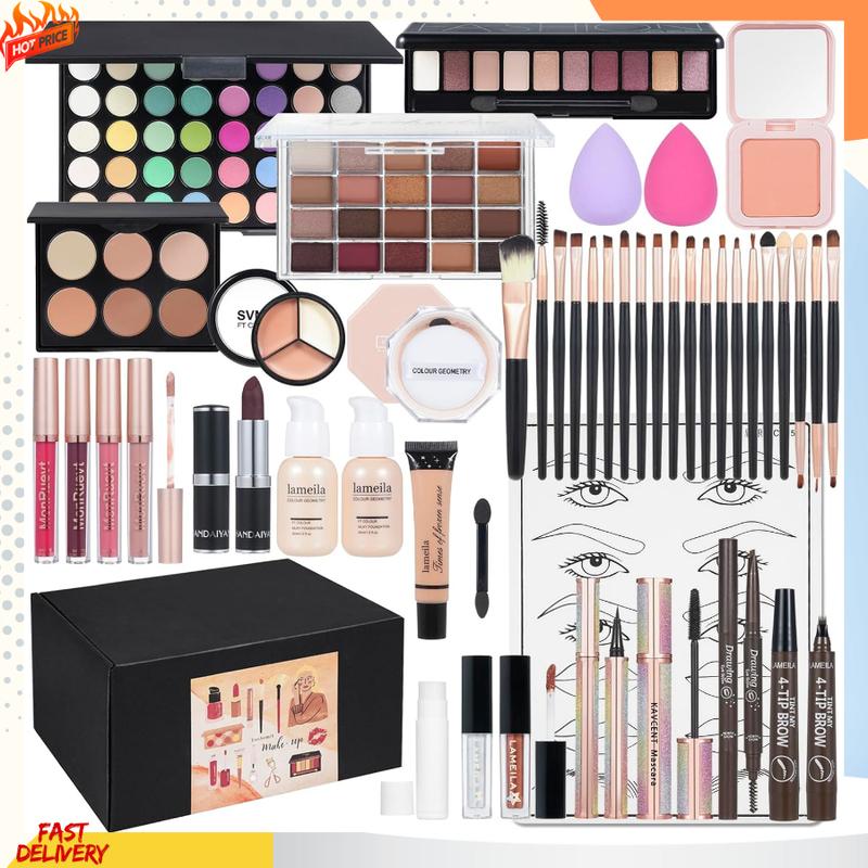 All-in-One Makeup Kit for Women | Full Multipurpose Set with Eyeshadow, Liquid Foundation, Loose Powder, Eyebrow Pencil & 4-Color Lip