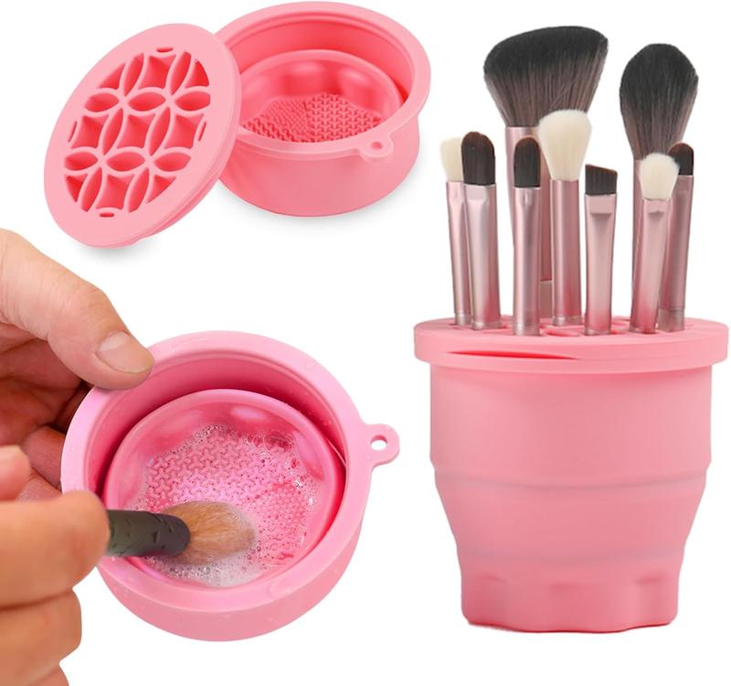 Makeup Brushes Cleaner Mat with Brush Storage Holder, Folding Portable Washing Tool for Makeup Brush Cleaning, 2 In 1  Brush Cleaner Pad &  Brush Organizer Rack (Pink)