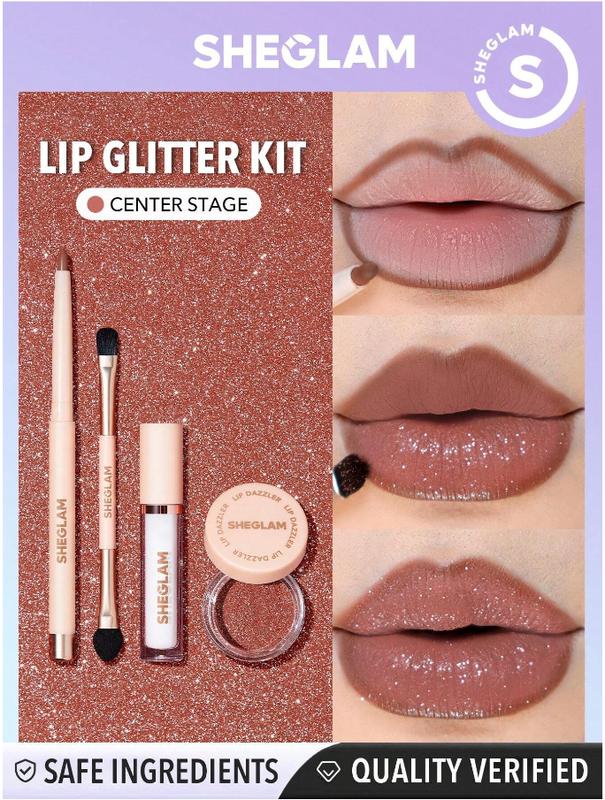 SHEGLAM Lip Dazzler Glitter Kit-Center Stage Long-Lasting Glitter Lip Gloss Sexy Super Stay Non-Sticky Shiny Liquid Kit Liquid Lipstick Pink Y2K Rosa Liquid Lipstick