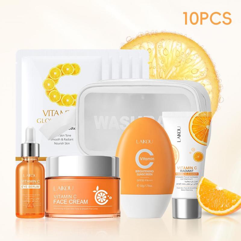 Vitamin C Moisturizing Skin Care Kit, 1 Facial Cleanser & 1 Face Moisturizer &1 Skin Care Serum & 1 Sun Care Cream &1 Makeup Bag & 5 Facial Masks