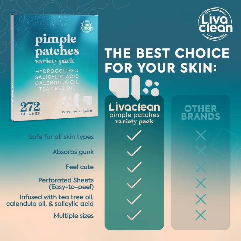 LivaClean 272 CT Pimple Patches Variety Pack w  Tea Tree Oil, Salicylic Acid & Calendula Oil - Large Blemish Patches for Face Acne Patches Large, Hydrocolloid Patches Skincare Clear Zit Matte Skin Repair