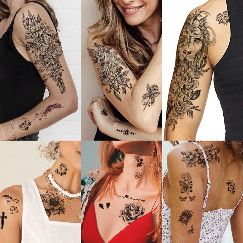 70 Sheets Flower Temporary Tattoos for Women, Includes 10 Half Arm Tattoos Temporary That Look Real and Last Long, Fake Tattoo Semi Permanent Tattoo for Men and Girl