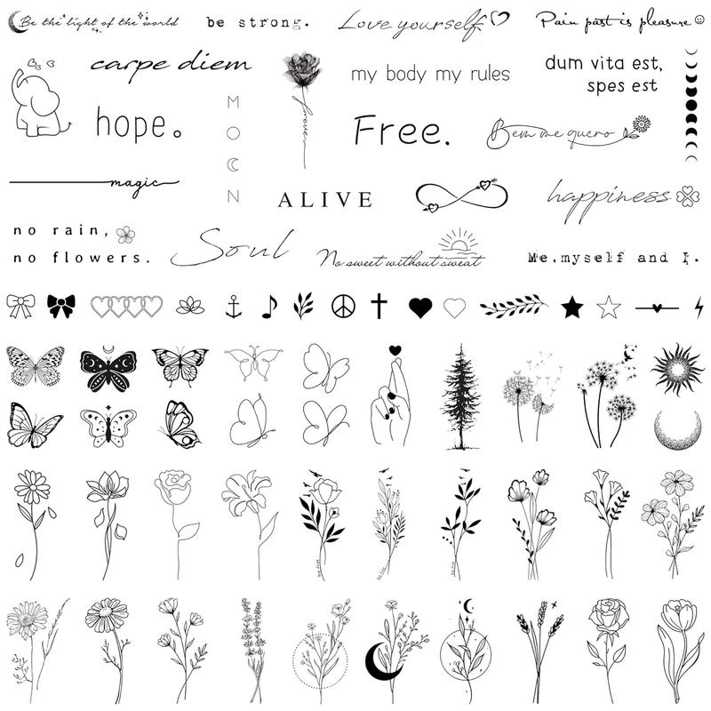 Realistic Temporary Tattoos for Women - 60 Sheets Tiny Small Removable Adult Fake Tattoos,185 counts Minimalist Waterproof Inspirational Quotes Words Wild Flower Floral Bouquet Adults Tattoo Stickers