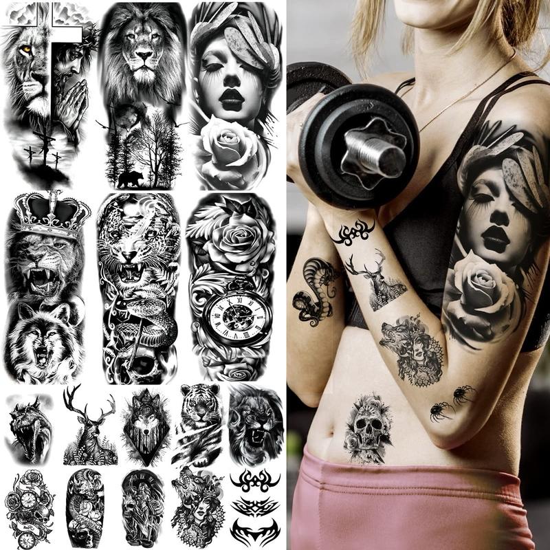 72 Sheets Temporary Tattoo for Men Women Adults, Includes 12 Sheets Large Black 3D Half Sleeve Tattoos - Color, Olive