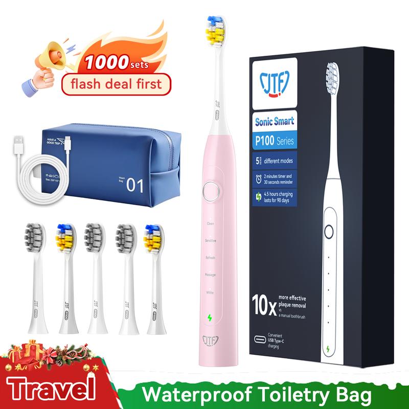 JTF P100 Sonic Electric Toothbrush for Adults - Rechargeable Electric Toothbrushes with 6 Brush Heads & Holder,  Power Electric Toothbrush with Holder, 3 Hours Charge for 45 Days Sonic Electric  Gift for Halloween, Christmas, Fall, Winter Gift