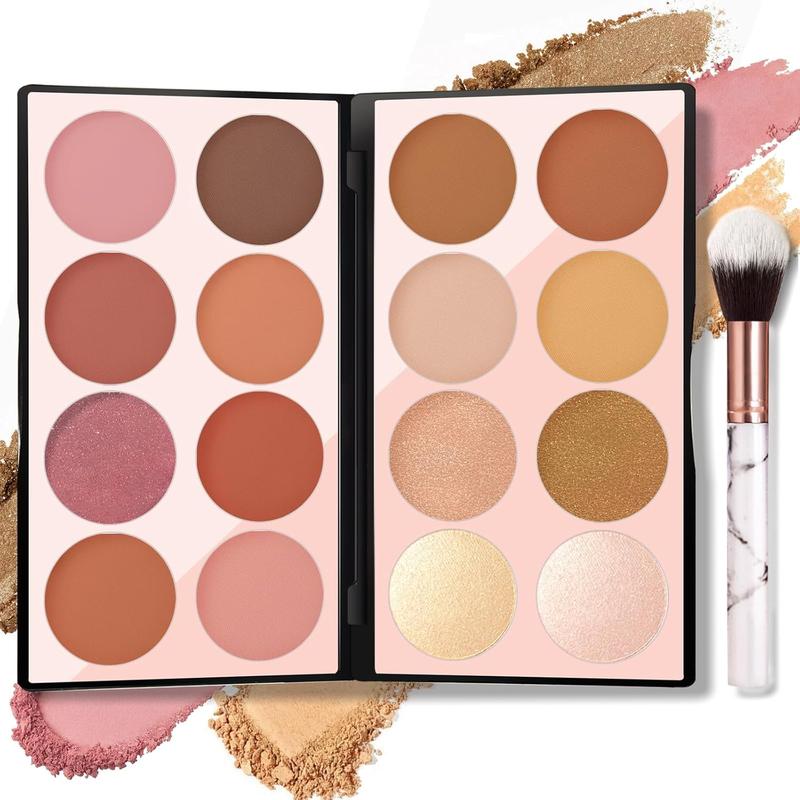 16 Colors Blush Contour Highlighter Makeup Palette with Brush, Matte Mineral Face Blush Powder for Cheek, Bright Shimmer Illuminator Bronzer Professional Facial Beauty Makeup Blushes Set