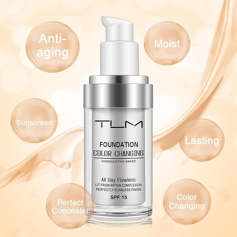 2 PACK TLM Color Changing Foundation Liquid Base, All Day Flawless Warm Skin Tone BB Cream Makeup Base Concealer for All Skin SPF15 Moisture