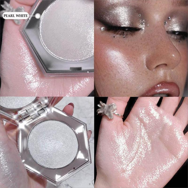 Pearl White Silver Face Highlighter Makeup Shimmer Glitter Diamond Sparkly Highlighters Makeup Palette Powder, Oil Control Flawless Makeup Setting Powder, Lightweight Face Powder Makeup & Finishing Powder, Lasting Matte Pressed Powder