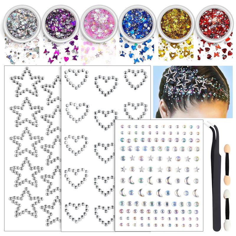 Glitter Gel Set, 12pcs set Including 6 Color Glitter Gel & 2 Counts Double-ended Brush & 1 Count Tweezers & 3 Counts Rhinestone Sticker, Body Makeup for Women & Girls