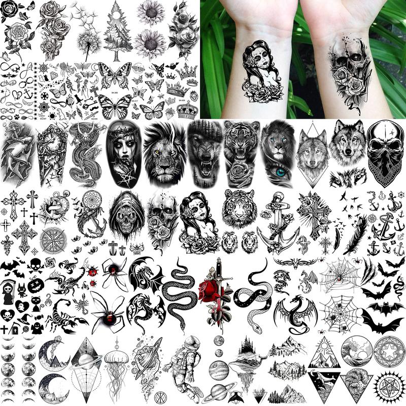 68 Sheets Large Half Arm Sleeve Temporary Tattoos For Men Women Forearm, Tribal Wolf Tiger Lion Owl Skull Temp Halloween Fake Tattoo Stickers Adults, Black Realistic Tattoo Flower Rose Animals Gothic Kit Waterproof