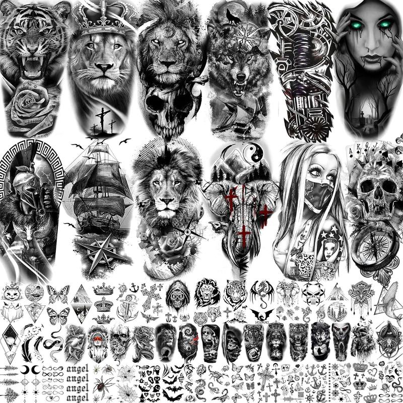 63 Sheets Tribal Wolf Lion Tiger Temporary Tattoos For Men Women Adults, Scary Halloween Skull Gangster Fake Tattoo Stickers Kids, Small 3D Realistic Tattoos Thigh Arm Neck Elephant Warrior