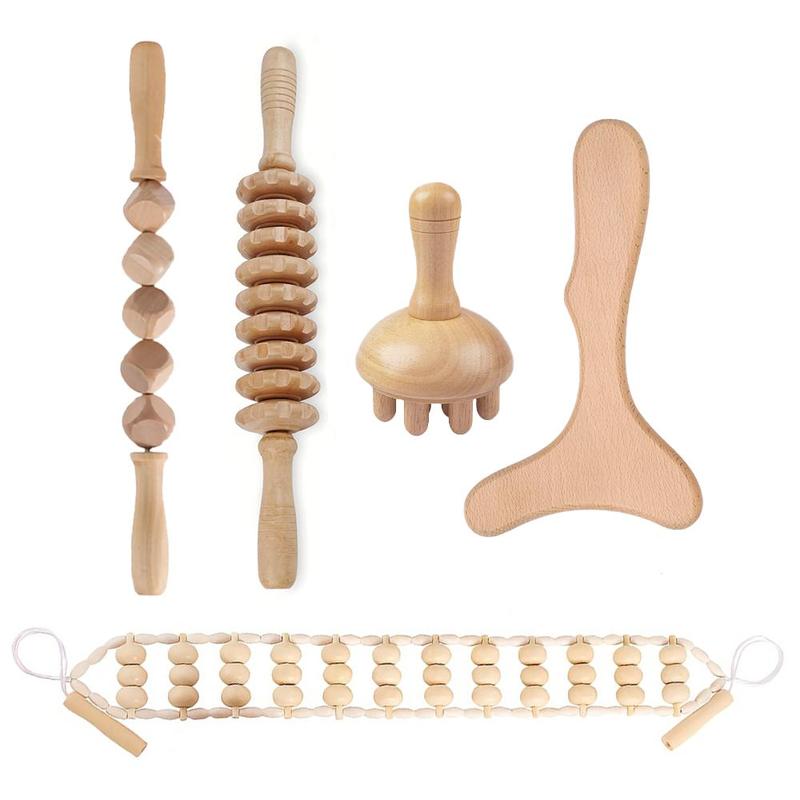 Wood Massage Tool Set, 5pcs set Wooden Body Sculpting Massaging Tools, Wood Roller Massager, Fascia Massager, Gua Sha Tools for Body and Muscle Relaxation