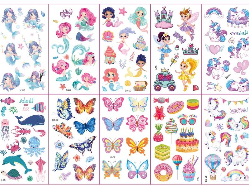 10 Sheets Tattoos for Kids, Mixed Styles Cartoon Temporary Tattoos Stickers with Mermaid Butterfly Unicorn Floral fairy Donut Cake Sea Animals Space for Boys and Girls Birthday Games for Party