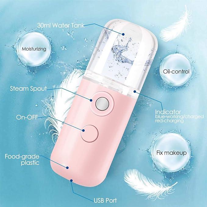 [New Customer Discount] 2 Packs Nano Facial Steamer, Handy Mini Mister, USB Rechargeable Mist Sprayer, 30ml Visual Water Tank Moisturizing&Hydrating for Face, Daily Makeup, Skin Care, Eyelash Extensions-Pink