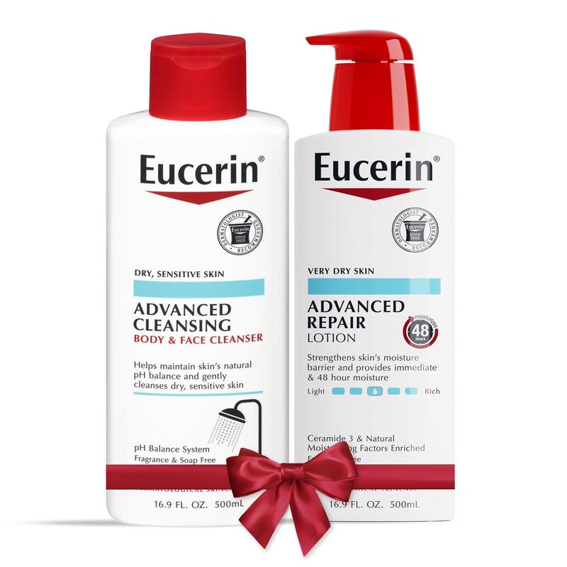 Eucerin Skin Care Set, Fragrance Free, Advanced Repair Body Lotion for Dry Skin, 16.9 Fl Oz Bottle + Advanced Cleansing Body and Face Cleanser, 16.9 Fl Oz Bottle, Holiday Gifts for Self Care No brand