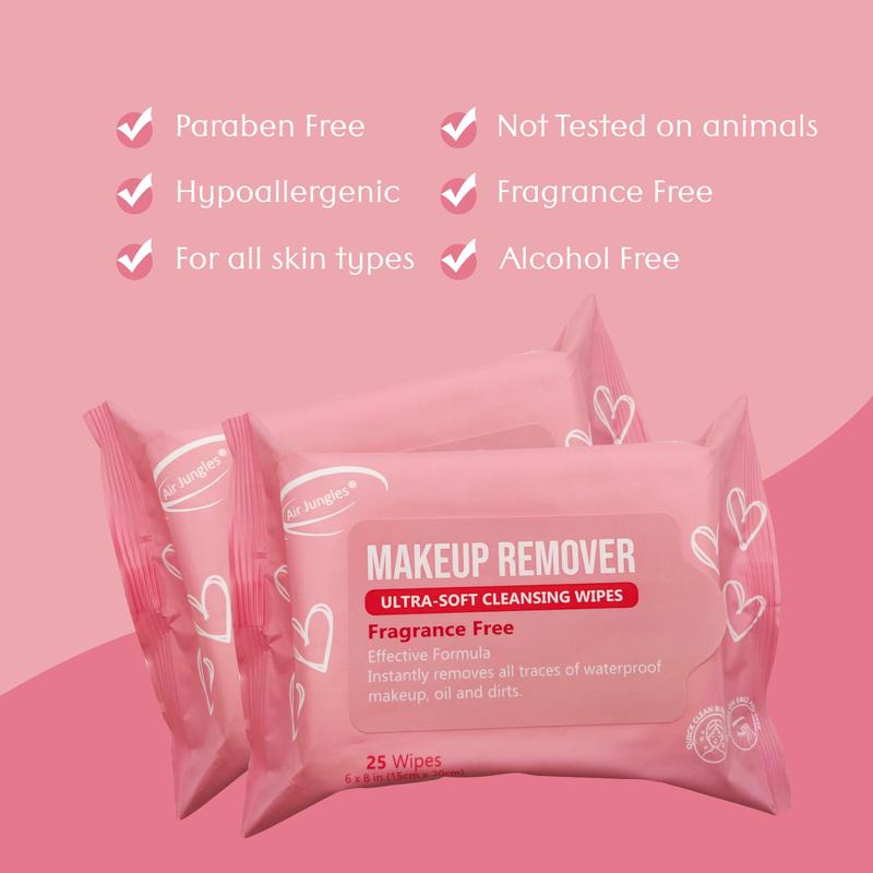 Air Jungles Makeup Remover Wipes 25 Count (Pack of 4), Fragrance-Free, Gentle Removes Makeup and Oil, Ultra-Soft Cleansing Wipes, Alcohol Free