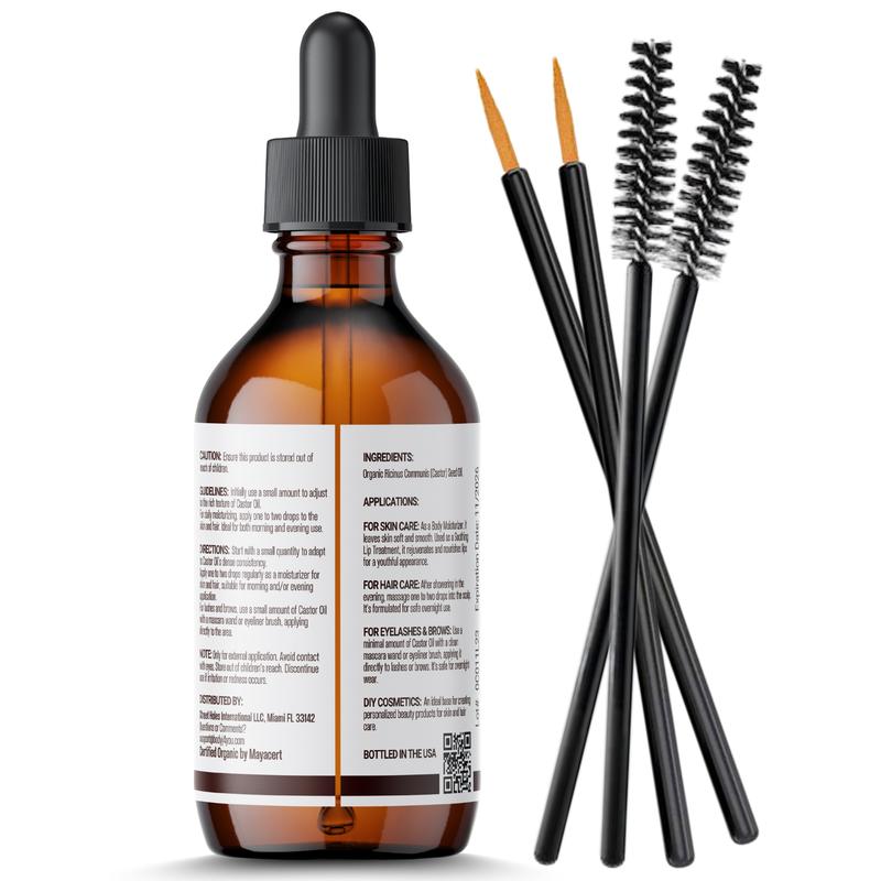 BodyJ4You Castor Oil for Eyelashes and Eyebrows - Hair Growth Oil Eyelash Brush Brow Serum Lash Oil - 100% Pure Castor Oil Organic Cold Pressed Unrefined Glass Bottle Hexane Free 4 Fl Oz