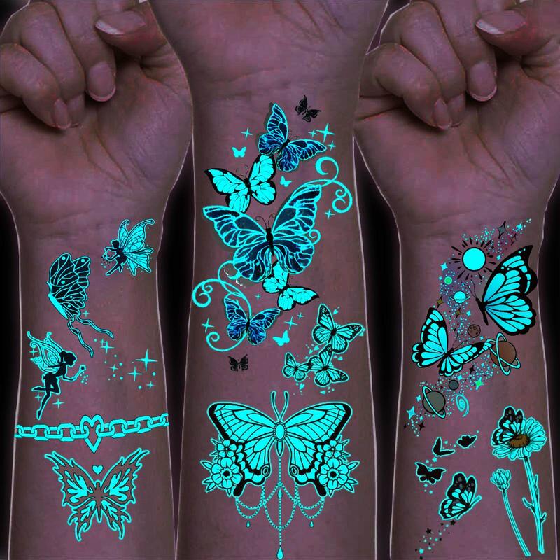 Glow in the Dark Butterfly Pattern Temporary Tattoo Sticker, 15pcs set Cool Body Art Sticker, Body Decoration for Women & Men