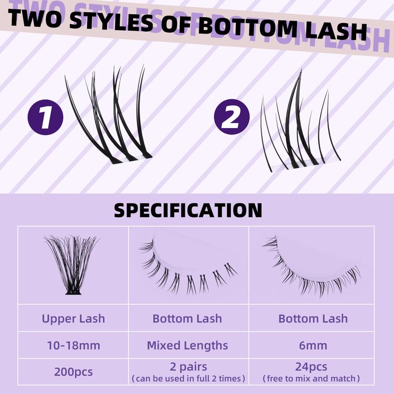 B&Q LASH l 70D+Bottom Lash Kit l 68pcs Bottom Lashes 2 styles, 200pcs Upper Lashes 70D (10-18MIX),Bond & Seal, Applicator Tool, DIY Lash Extensions at Home Cosmetic Makeup Waterproof Long Lasting