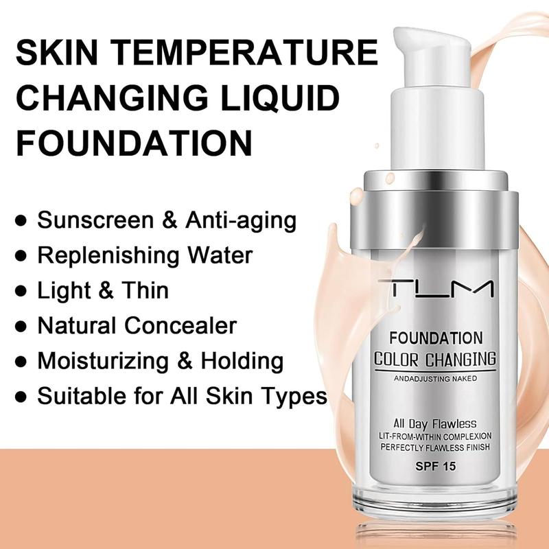 2 PACK TLM Color Changing Foundation Liquid Base, All Day Flawless Warm Skin Tone BB Cream Makeup Base Concealer for All Skin SPF15 Moisture