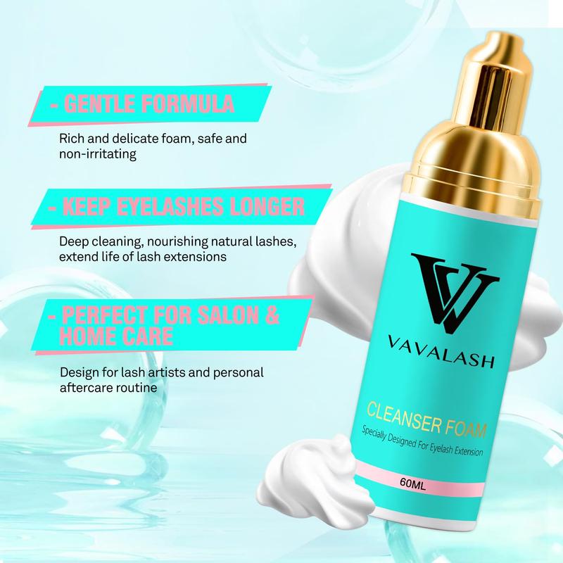 VAVALASH Eyelash Shampoo Kit for Lash Extensions Lash Cleaning Kit with 60ml Lash Shampoo Lash Brushes Cleanser Brush Oil Free Eyelash Cleanser Kit for Self Lash Care & Salon Use