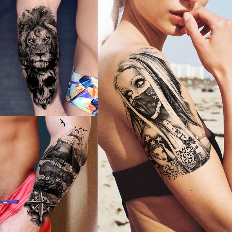 63 Sheets Tribal Wolf Lion Tiger Temporary Tattoos For Men Women Adults, Scary Halloween Skull Gangster Fake Tattoo Stickers Kids, Small 3D Realistic Tattoos Thigh Arm Neck Elephant Warrior