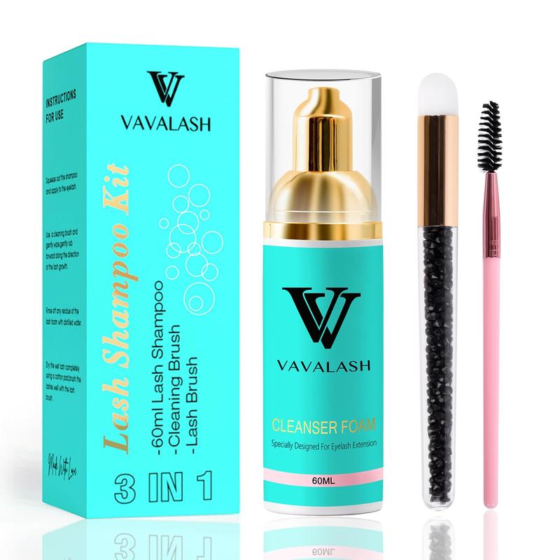 VAVALASH Eyelash Shampoo Kit for Lash Extensions Lash Cleaning Kit with 60ml Lash Shampoo Lash Brushes Cleanser Brush Oil Free Eyelash Cleanser Kit for Self Lash Care & Salon Use