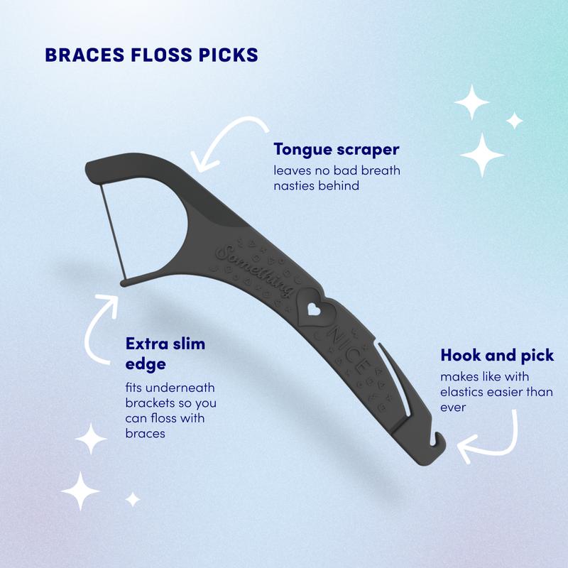 Braces Floss Picks by Thebentist, with Rubber Band Hook, Mint Flavored, Xylitol Protection Boost, and Tongue Scraper