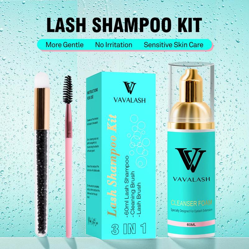 VAVALASH Eyelash Shampoo Kit for Lash Extensions Lash Cleaning Kit with 60ml Lash Shampoo Lash Brushes Cleanser Brush Oil Free Eyelash Cleanser Kit for Self Lash Care & Salon Use