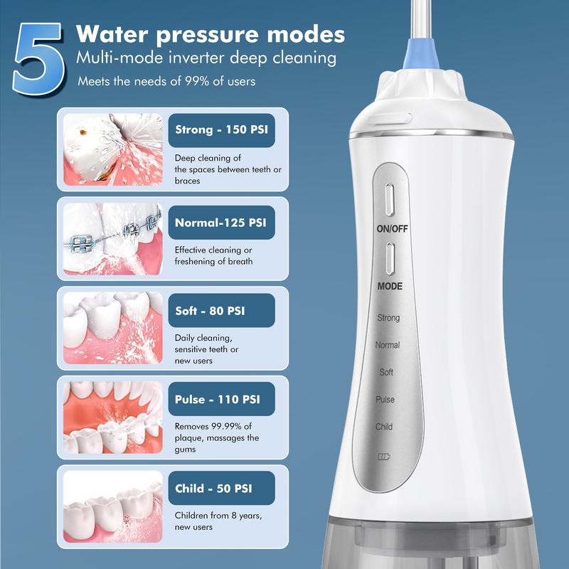 Angevol Powerful Water Flosser. Portable Oral Irrigator. 6 Nozzles. 350ml. IPX7 Waterproof. Household. Cleaning. Cordless