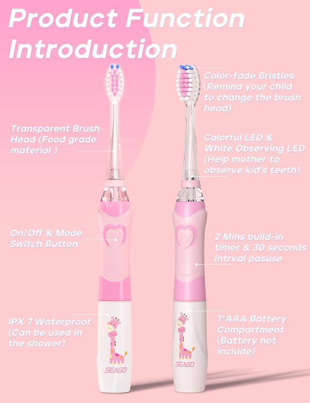 SEAGO Kids Electric Toothbrush with 2 Mins Brushing Timer and 4 Replacement Bursh Heads,Rainbow LED Light Make Brushing Fun, Pink Color Girls Battery Powerd Toothbrush for 4-12 Years Old