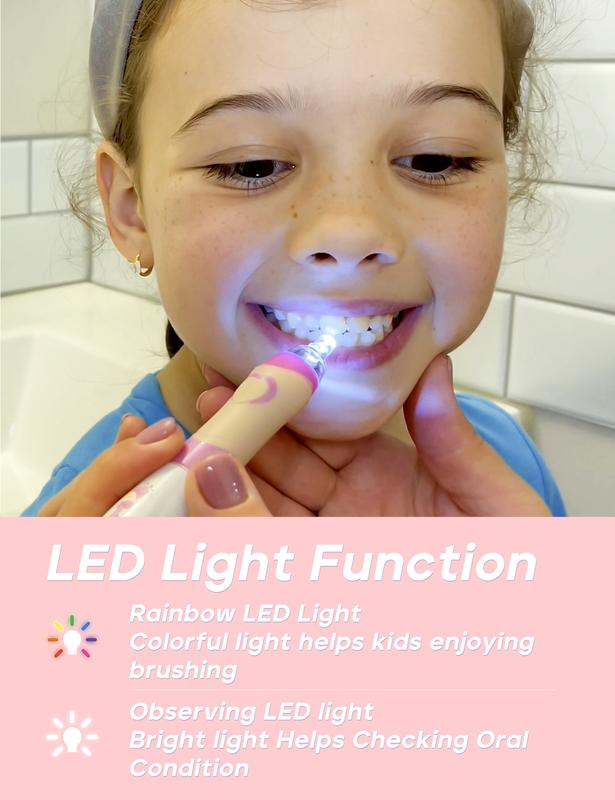 SEAGO Kids Electric Toothbrush with 2 Mins Brushing Timer and 4 Replacement Bursh Heads,Rainbow LED Light Make Brushing Fun, Pink Color Girls Battery Powerd Toothbrush for 4-12 Years Old