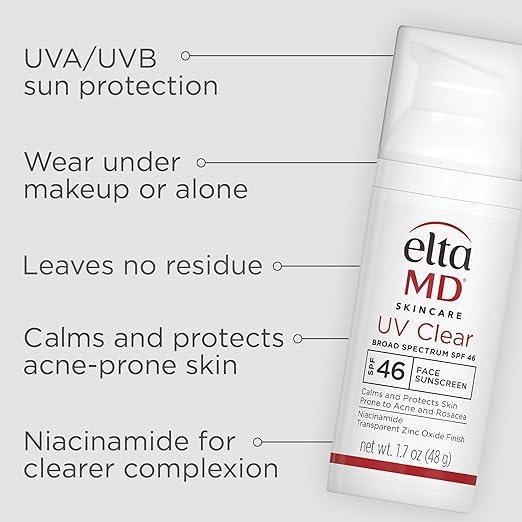 EltaMD UV Clear Face Sunscreen SPF 46, Oil Free Sunscreen with Zinc Oxide, Dermatologist Recommended Sunscreen, 1.7 ounces