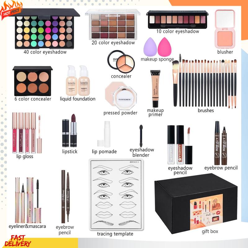 All-in-One Makeup Kit for Women | Full Multipurpose Set with Eyeshadow, Liquid Foundation, Loose Powder, Eyebrow Pencil & 4-Color Lip