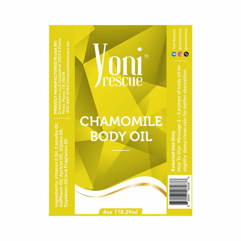 Chamomile Body Oil, 4oz, with Apricot, Jojoba, Avocado Oils & Vitamin E Oil, Daily Moisturizer, Fast-Absorbing, Nourishes and Hydrates Skin, Skin Repair, Body Care, Ideal for All Skin Types, Chamomile Scented Fragrance Moisturizer by Yoni Rescue