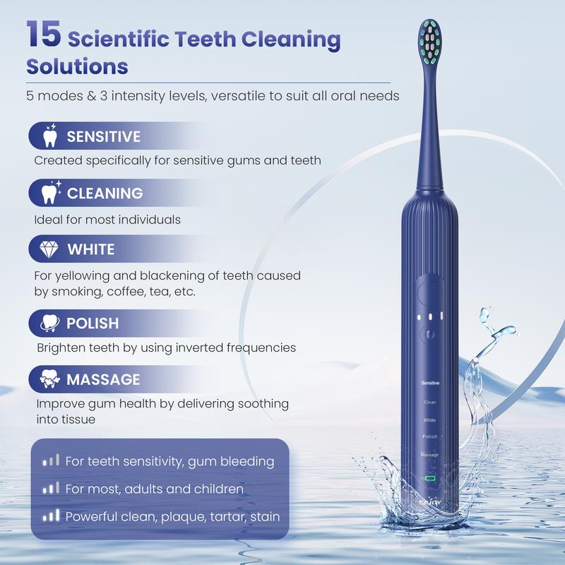 SEJOY Sonic Electric Toothbrush Rechargeable Power 6 Brush Heads 15 Modes Timer