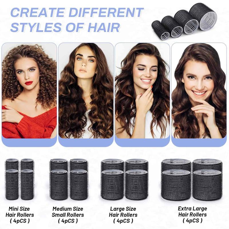 Hair Roller 28  Set, Includes 16 count Self-Grip Hair Rollers in 4 Sizes and 12 count Hair Clips for Long Medium Short Hair Volume