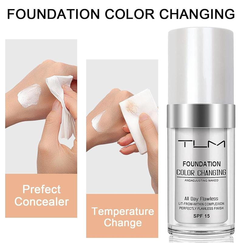 2 PACK TLM Color Changing Foundation Liquid Base, All Day Flawless Warm Skin Tone BB Cream Makeup Base Concealer for All Skin SPF15 Moisture