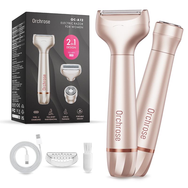 Portable Rechargeable Hair Removal Kit for Women - 2 in 1 Electric Razor for Face, Body, Leg, Bikini, Underarm & Arm - Brush