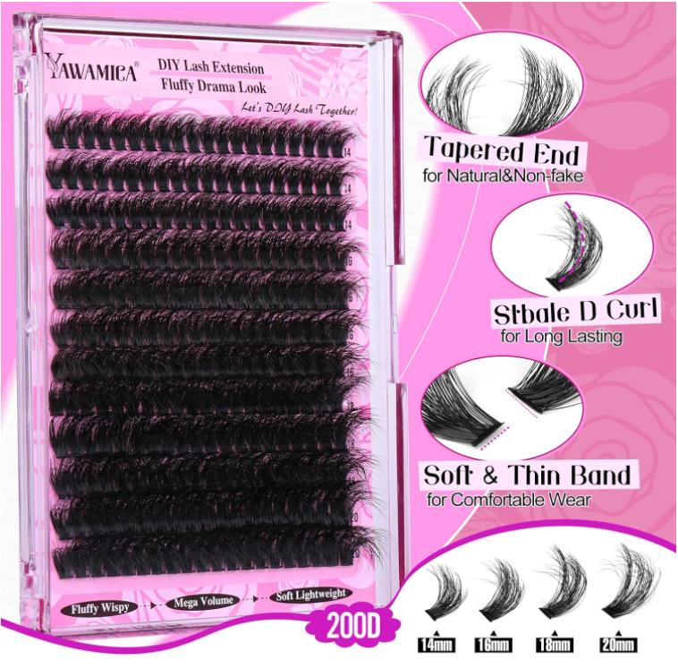 Yawamica Fluffy Lash Clusters Thick 200D Volume Eyelash Clusters 14-20mm Wispy Individual Lashes D Curl Cluster Eyelash Extensions 240pcs DIY Lash Extension for Beginners