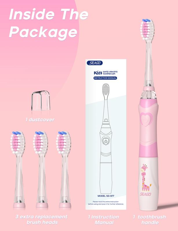 SEAGO Kids Electric Toothbrush with 2 Mins Brushing Timer and 4 Replacement Bursh Heads,Rainbow LED Light Make Brushing Fun, Pink Color Girls Battery Powerd Toothbrush for 4-12 Years Old