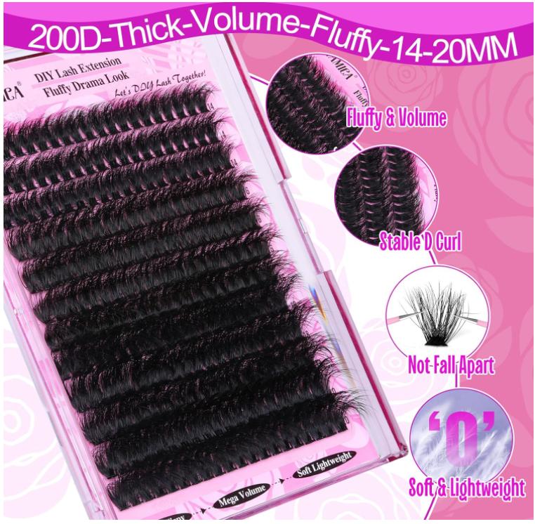 Yawamica Fluffy Lash Clusters Thick 200D Volume Eyelash Clusters 14-20mm Wispy Individual Lashes D Curl Cluster Eyelash Extensions 240pcs DIY Lash Extension for Beginners