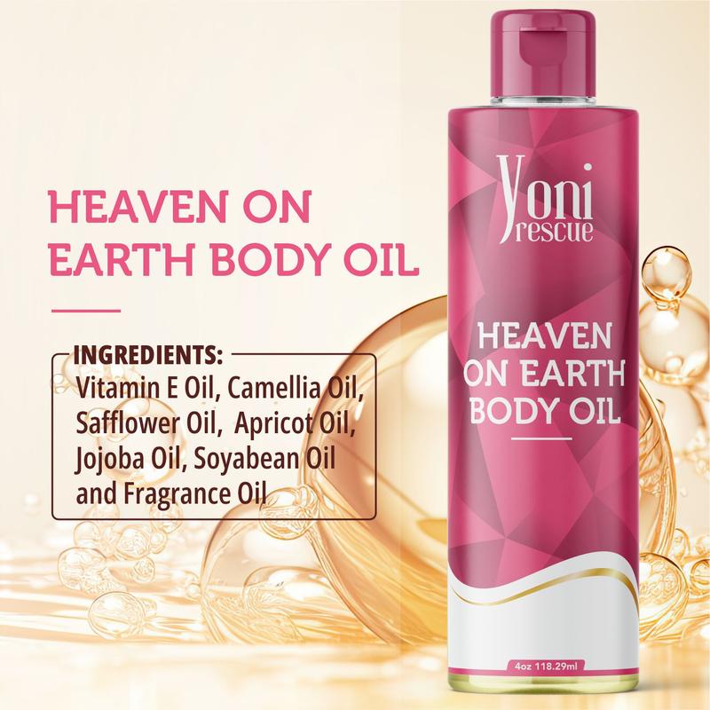 Heaven on Earth Body Oil, 4oz, with Apricot, Jojoba, Avocado Oils & Vitamin E Oil, Fast-Absorbing, Nourishes and Hydrates Skin, Skin Repair, Body Care, Ideal for All Skin Types, Heavenly Floral Fragrance Moisturizer by Yoni Rescue body oil