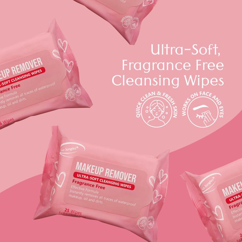 Air Jungles Makeup Remover Wipes 25 Count (Pack of 4), Fragrance-Free, Gentle Removes Makeup and Oil, Ultra-Soft Cleansing Wipes, Alcohol Free