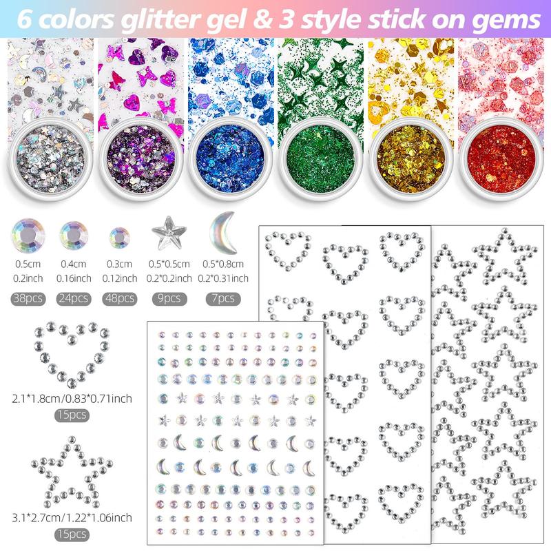 Glitter Gel Set, 12pcs set Including 6 Color Glitter Gel & 2 Counts Double-ended Brush & 1 Count Tweezers & 3 Counts Rhinestone Sticker, Body Makeup for Women & Girls