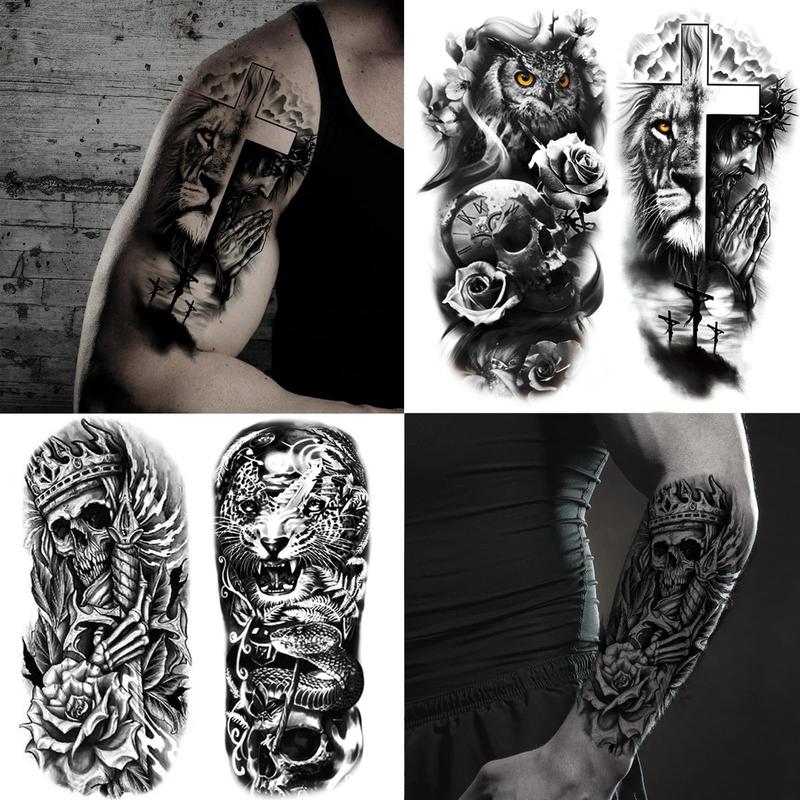 72 Sheets Temporary Tattoo for Men Women Adults, Includes 12 Sheets Large Black 3D Half Sleeve Tattoos - Color, Olive