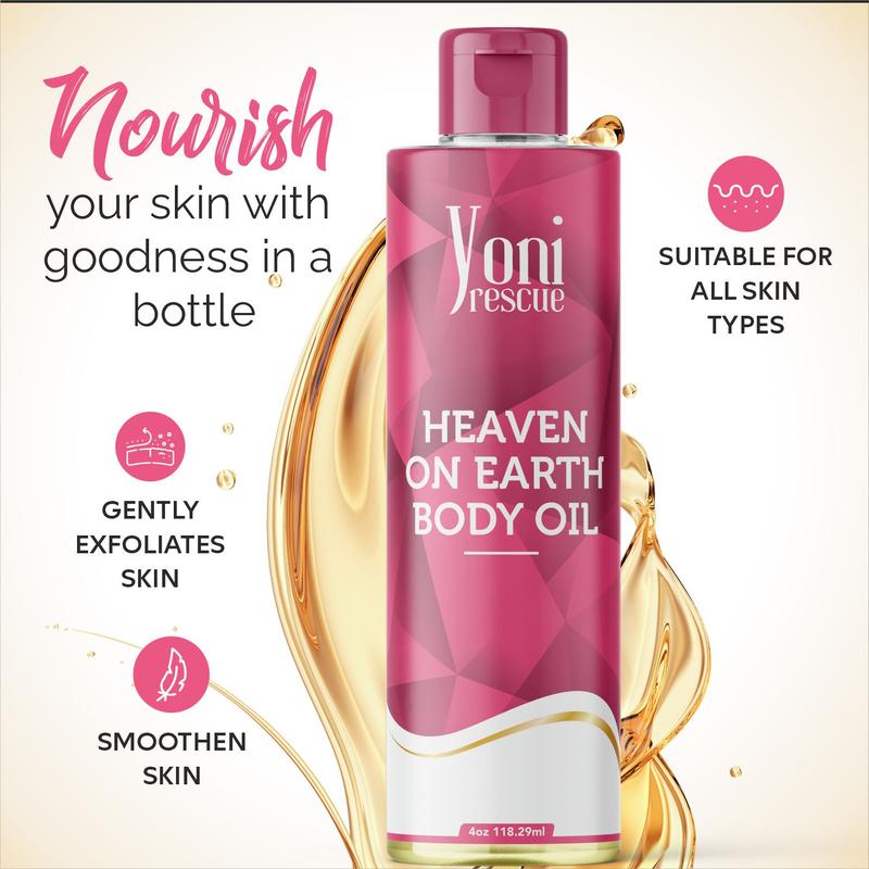 Heaven on Earth Body Oil, 4oz, with Apricot, Jojoba, Avocado Oils & Vitamin E Oil, Fast-Absorbing, Nourishes and Hydrates Skin, Skin Repair, Body Care, Ideal for All Skin Types, Heavenly Floral Fragrance Moisturizer by Yoni Rescue body oil