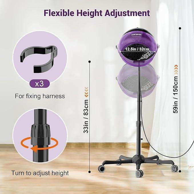 Professional Stand Hair Dryer Adjustable Hooded Floor Hair Bonnet Dryer with Wheels for Salon Hair Styling Tools and Hair Treat Hair- Treatment, Hot Perm, Hair- Drying, Spot- Caring, etc.