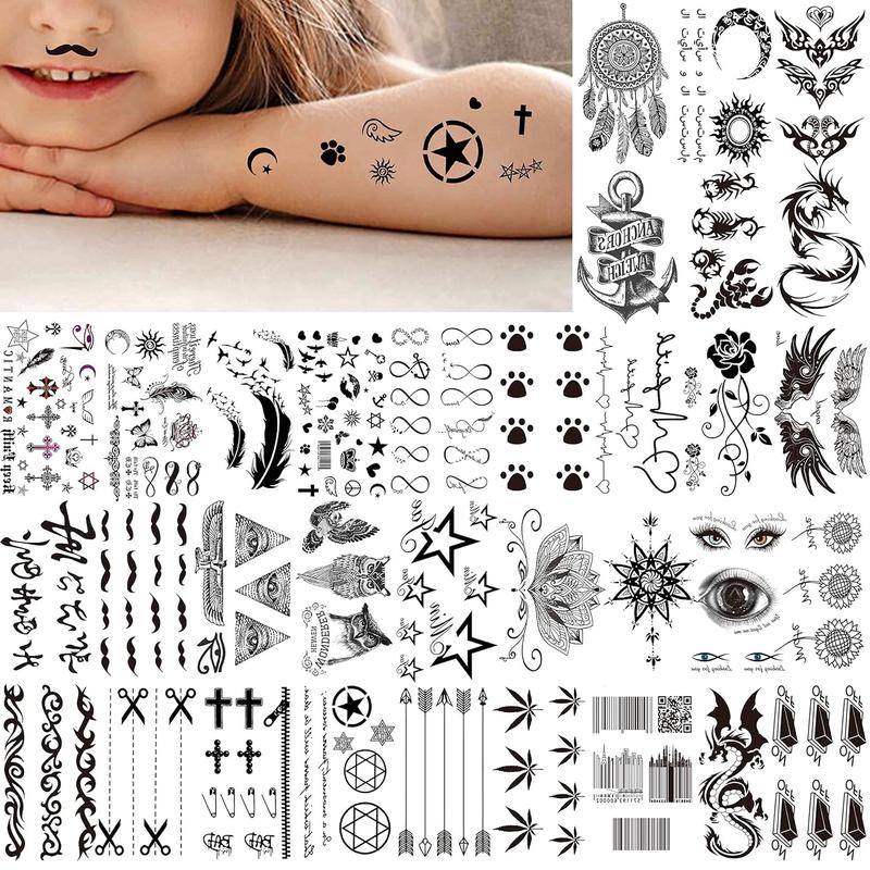 BG 66 Sheets 3D Small Black Temporary Tattoos For Women Men Waterproof Fake Tattoo Stickers For Face Neck Arm Children Flower Birds Star Realistic Tatoo Kits For Boy Girls Adults