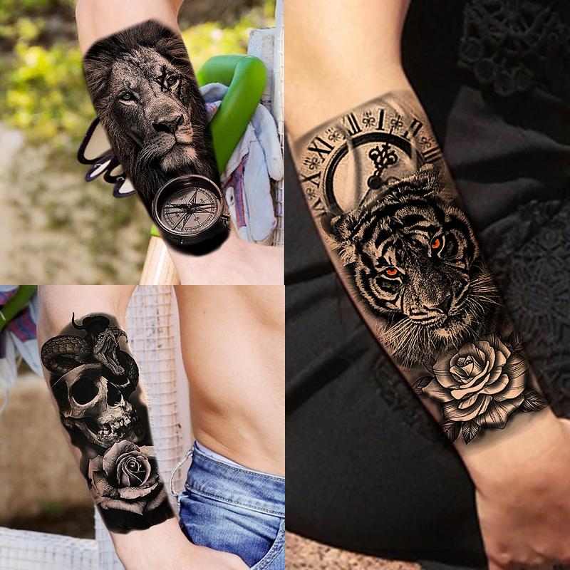 68 Sheets Large Half Arm Sleeve Temporary Tattoos For Men Women Forearm, Tribal Wolf Tiger Lion Owl Skull Temp Halloween Fake Tattoo Stickers Adults, Black Realistic Tattoo Flower Rose Animals Gothic Kit Waterproof